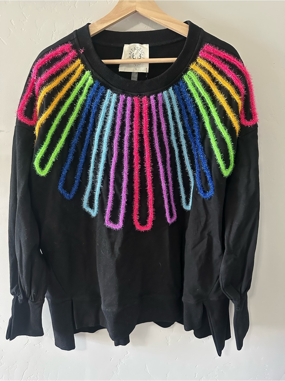 Fantastic Fawn Black Sweatshirt with Loop Fringe